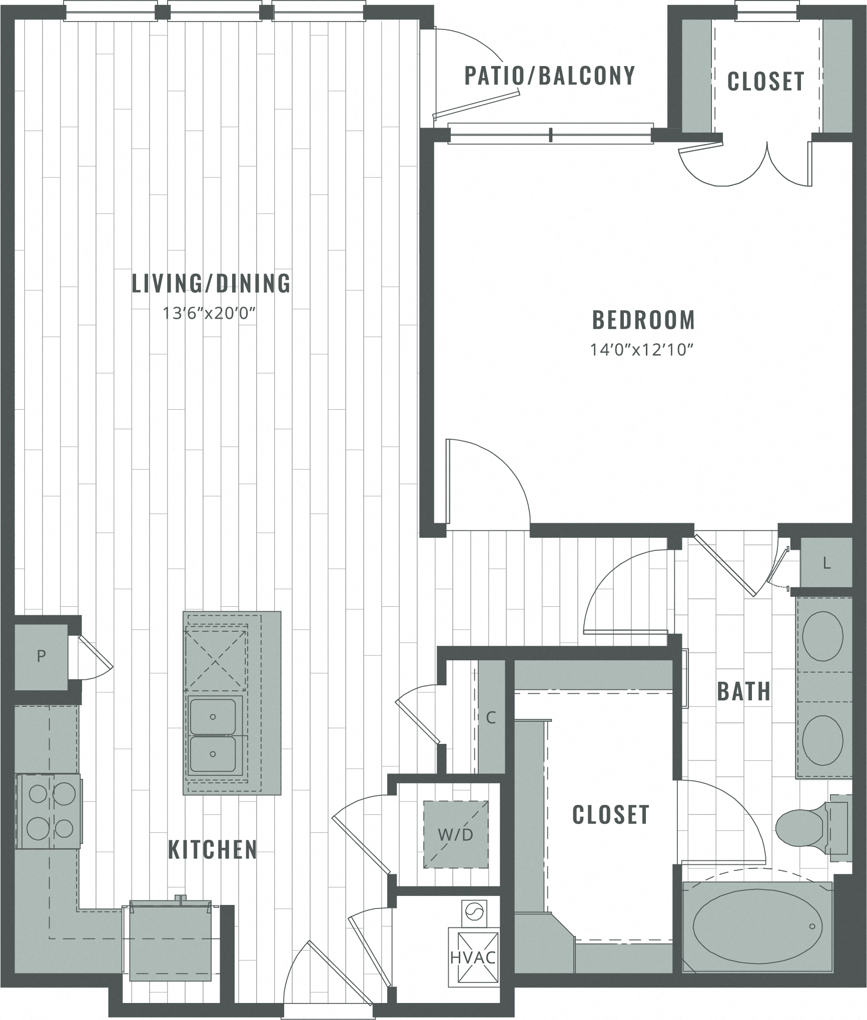 Floor plan for 1 bed, 1 bath, 941 sqft